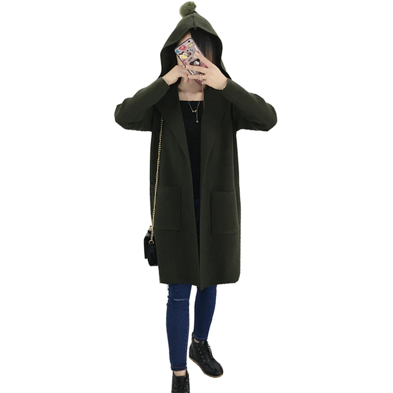 #Special Offers 2019 Autumn Women Knitted Sweater Coat Hooded Sweater Cardigans Female Poncho Pockets Jumpers Sweater Long Casaco Feminino Q9