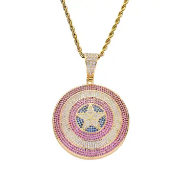 

Hip Hop AAA CZ Stone Bling Ice Out The Avengers Movie Series Captain America Shield Star Pendants Necklace Men Rapper Jewelry