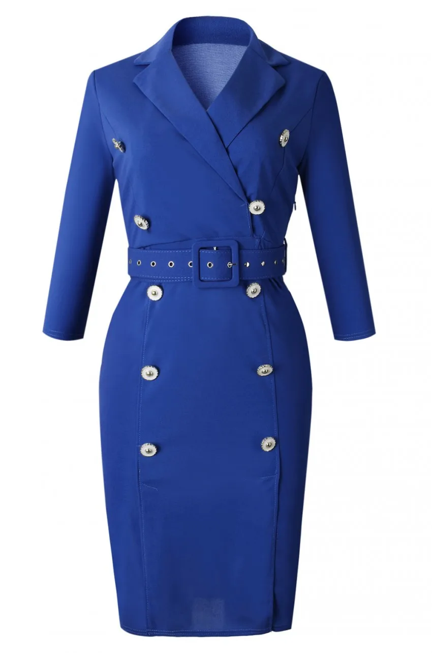 Женское высококачественное офисное платье для подиума, винтажное платье с высокой талией и пуговицами, элегантное облегающее платье для работы в деловом стиле - Цвет: Синий