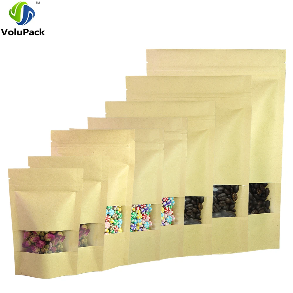 

Multi Sizes 100pcs Herb Coffee Tea Retail Zip Lock Storage Bag w/ Clear Window Reclosable Brown Kraft Paper Stand Up Pouches