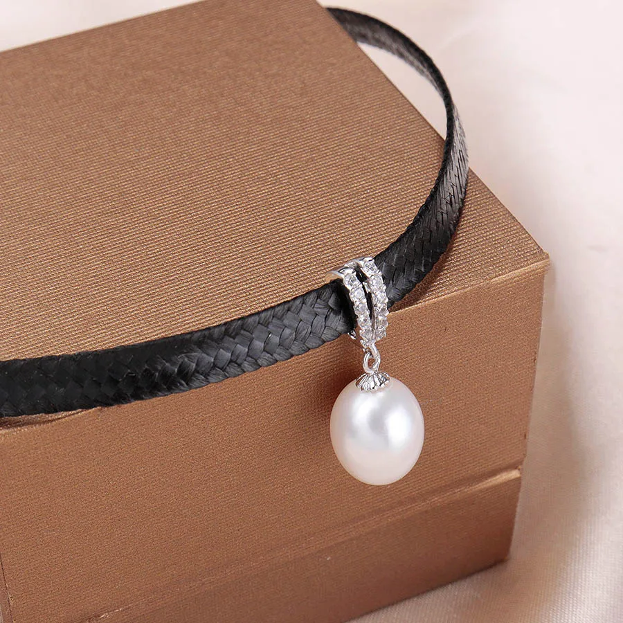 

High Quality 5A Natural Freshwater Pearl Choker Necklace Fashion Black Rope Chain 30cm+5cm Chokers For Women Silver 925 Jewelry