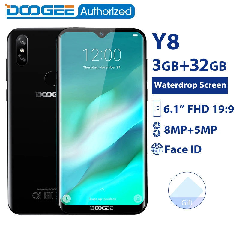 

DOOGEE Y8 3GB 32GB Mobile Phone Android 9.0 6.1" FHD Waterdrop Screen 19:9 Full Display MTK6739 Quad Core 3400mAh 4G Smartphone