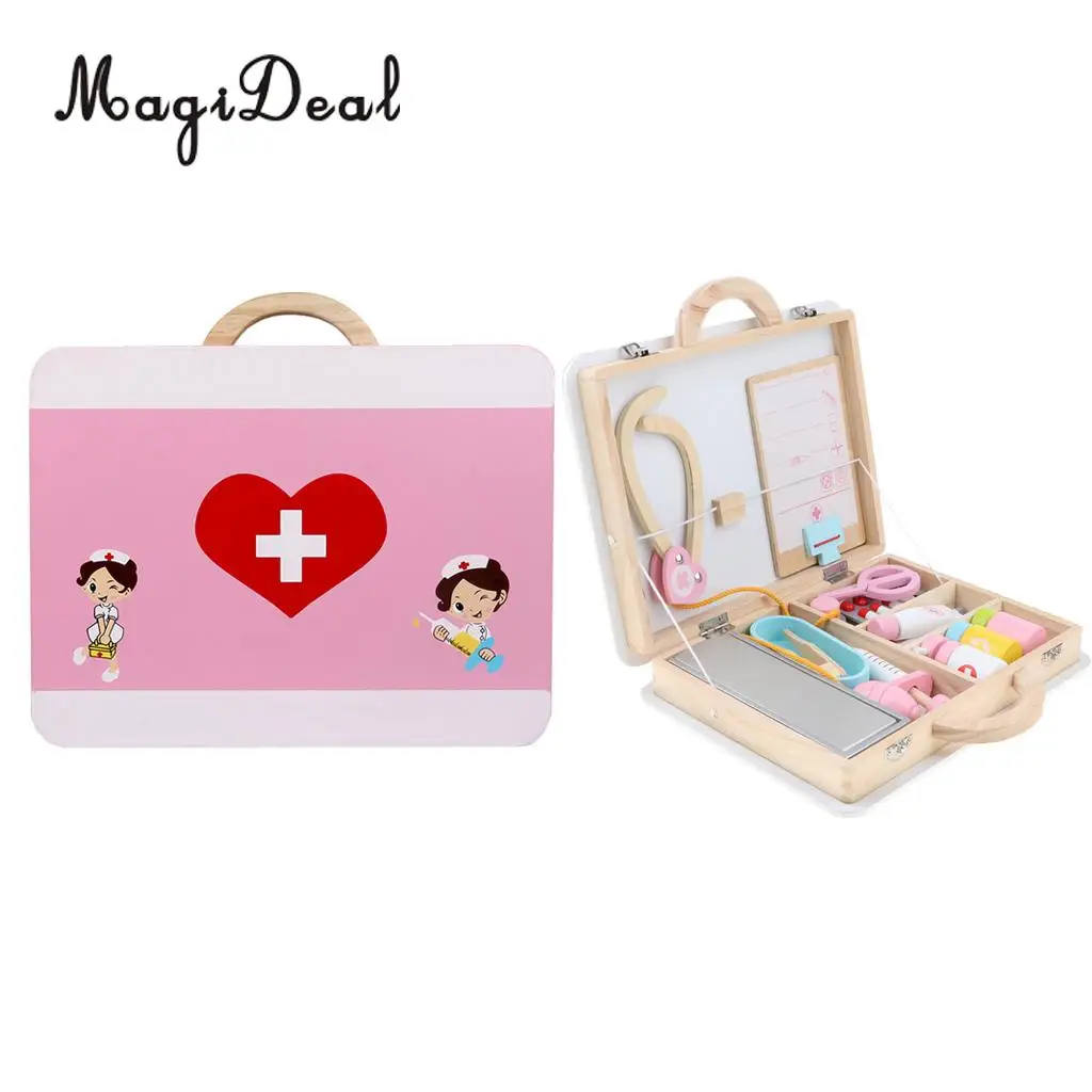 15 Pieces Wooden Medical Kits Box Carry Case Doctor Nurse Game Role Playing Set Kids Toy Educational