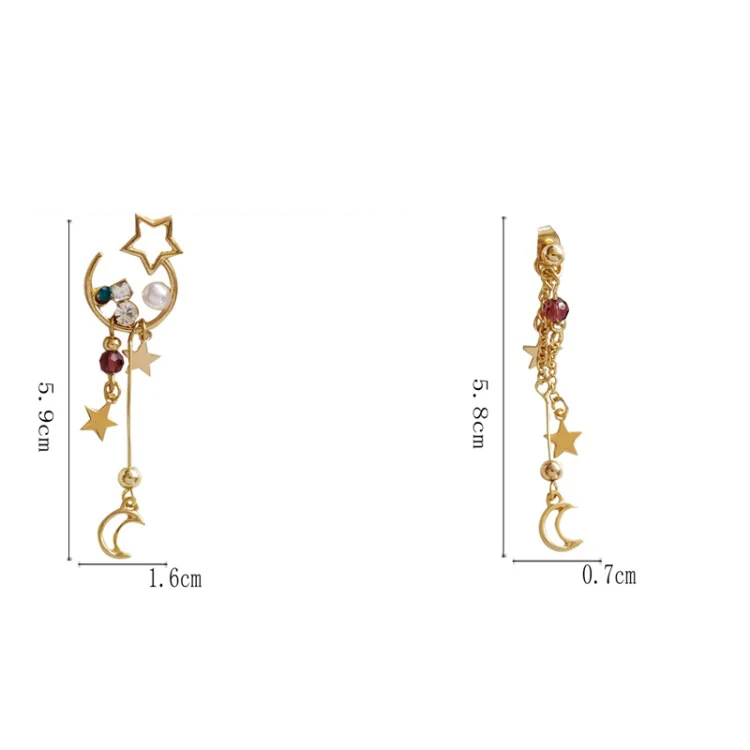Серьги-клипсы золотистого цвета с длинной кисточкой и звездами Сейлор Мун для женщин и девочек, серьги с Луной и звездами без ушей