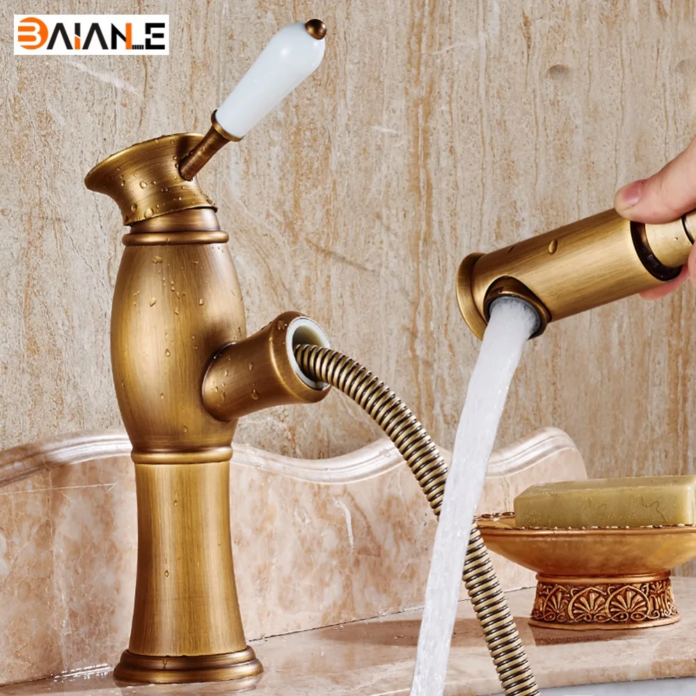 Basin Faucet Antique Single Handle Brass Pull Out Bathroom Tap Mixer Pull Down Cold & Hot Bath