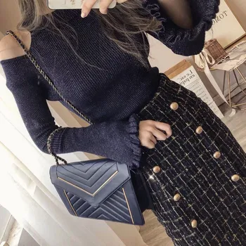 

Winter Women Fashion Chic Tweed Skirt 2 Piece Sets Sexy Bare Shoulders Sweater Button Plaid Split Skirt Sets