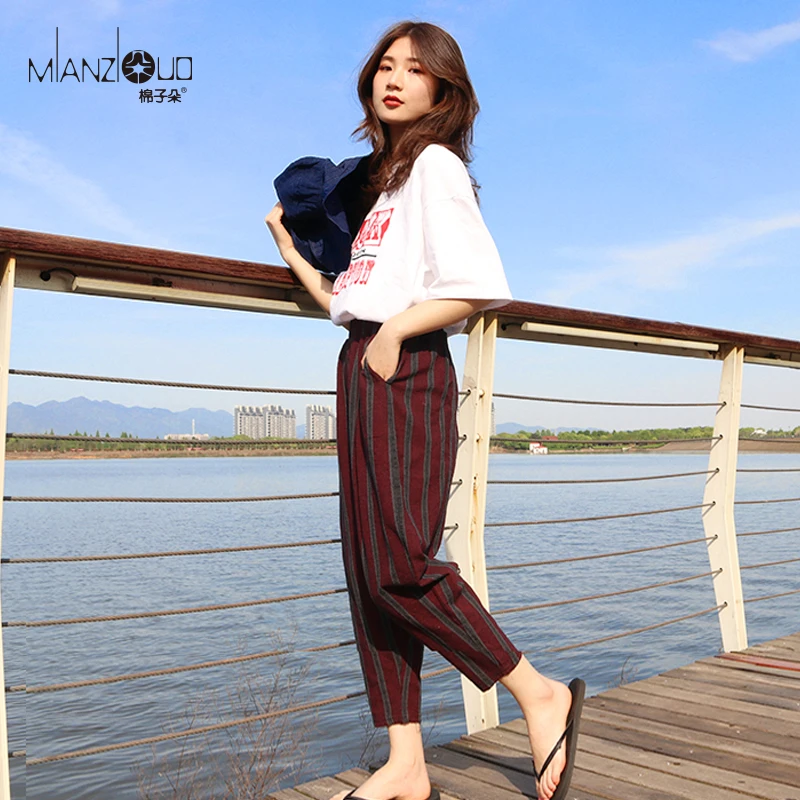 

2019 New Pants For Loose Cotton Linen Korean Women Pants Plus Size Cargo Radish Harempants Trousers Casual Elastic High Waist