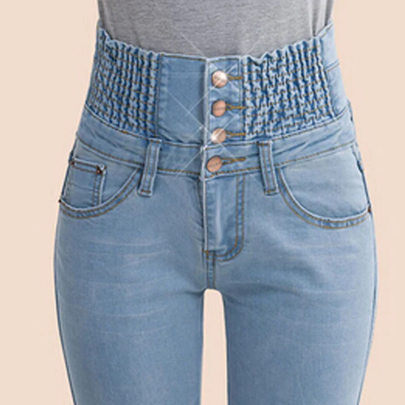 Baratos Pantalones vaqueros de cintura alta para mujer pantalones de lápiz de mezclilla ajustados pantalones plisados elásticos para mujeres primavera otoño pantalones de moda de talla grande