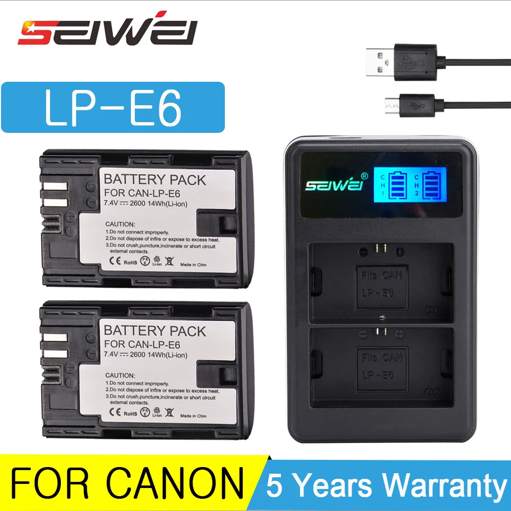 

2600mAh LP-E6 LP E6 Digital Camera Battery + USB Charger for Canon EOS 5D Mark II 2 III 3 6D 7D 60D 60Da 70D 80D DSLR EOS 5DS