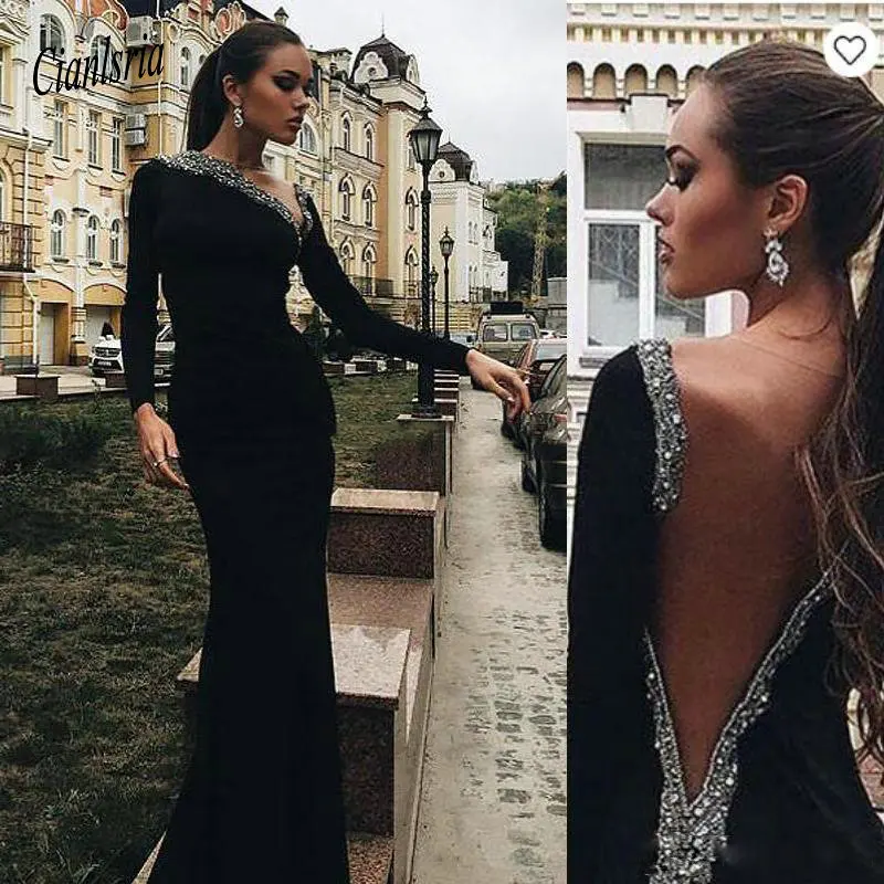 

Unique Black Mermaid Evening Dresses Illusion Back Bead Sequined Full Sleeve Celebrity Gown Satin Long Evening Gowns Plus Size