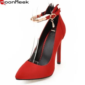

MoonMeek 2020 new sexy female fashion pumps pointed toe thin heels shallow with buckle extreme high heels red black woman shoes
