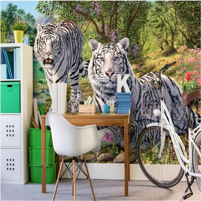 Custom photo 3d wallpaper Non-woven mural Green forest white tiger decoration painting 3d wall murals wallpaper for walls 3 d