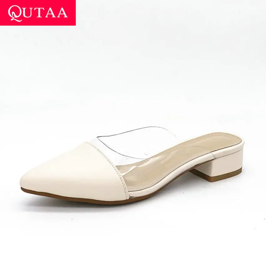 

QUTAA 2019 Women Sandals Transparent Films PU Leather Sexy Pointed Toe Square Low Heel Fashion Slingback Ladies Shoes Size 34-43