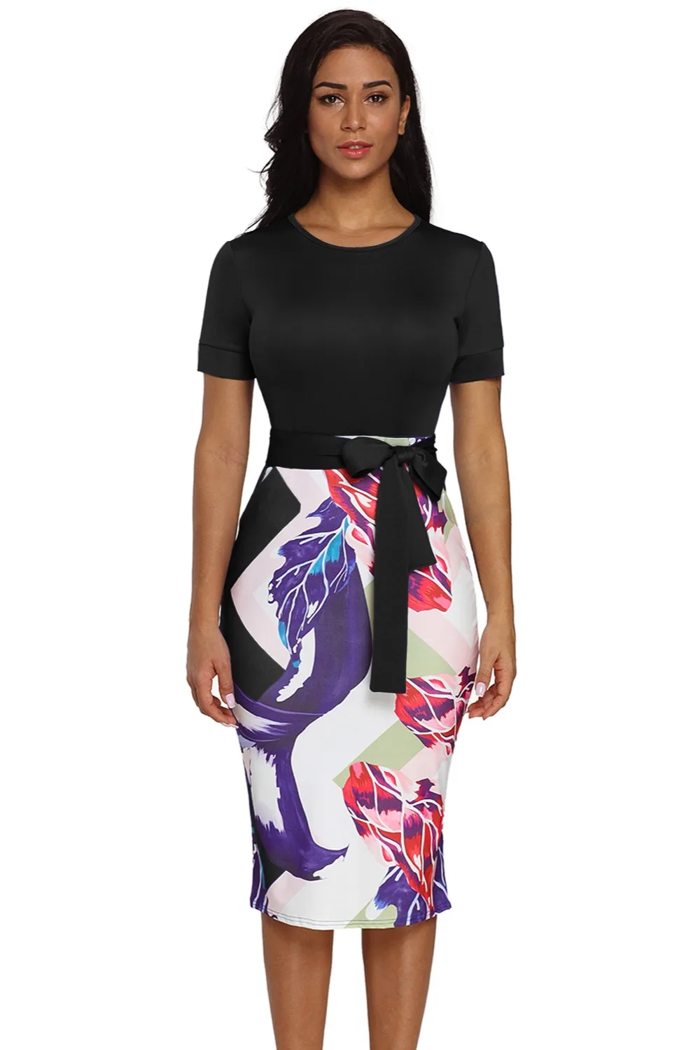 Black-Bowknot-Short-Sleeve-Printed-Sheath-Dress-LC610096-2-1