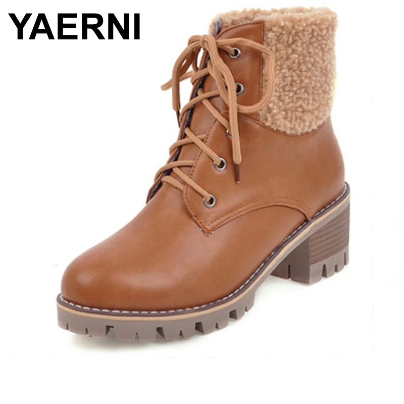 

YAERNI Bige Size (34-43) Female boots 2017 New Winter British style lace-up chunky heels Fashion round Toe Martin boots