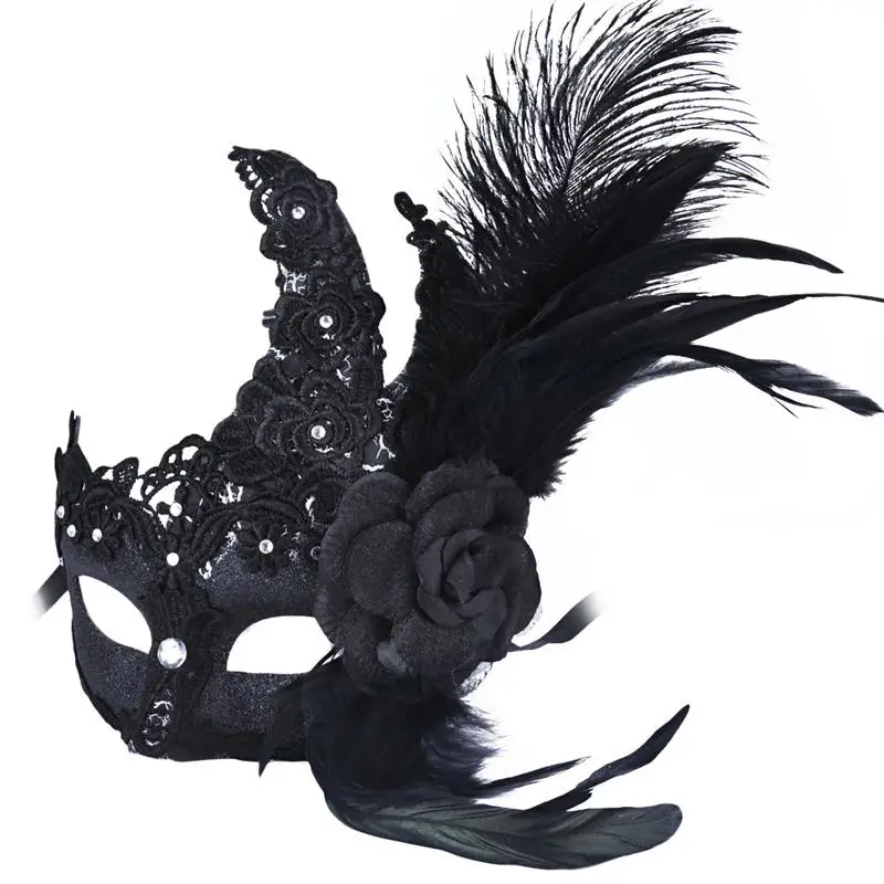 

FunPa Womens Princess Mask Rhinestone Masquerade Half Face Mask Venetian Lace Cosplay Mask With Feathers Flower