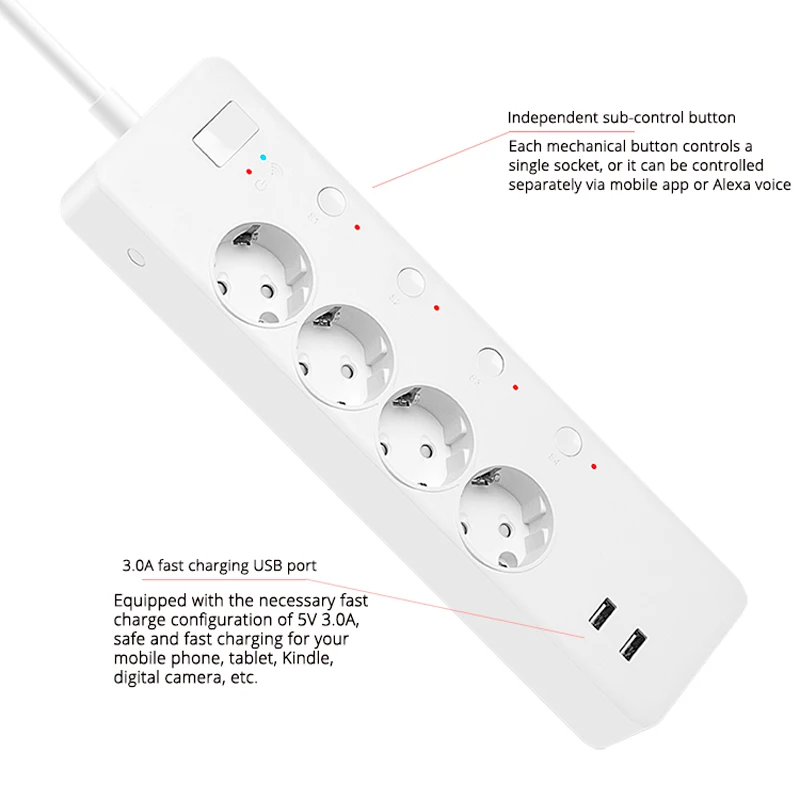 Умная Wi-Fi силовая лента с европейской вилкой 2USB 1,8 м удлинитель сетевой фильтр таймер стабилизатор напряжения поддержка Alexa Google IFTTT