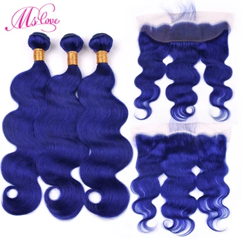 

Pre Colored Blue Bundles With Frontal Body Wave Human Hair Bundles With Closure 13x4 Plucked Lace Remy Brazilian Hair Ms Love