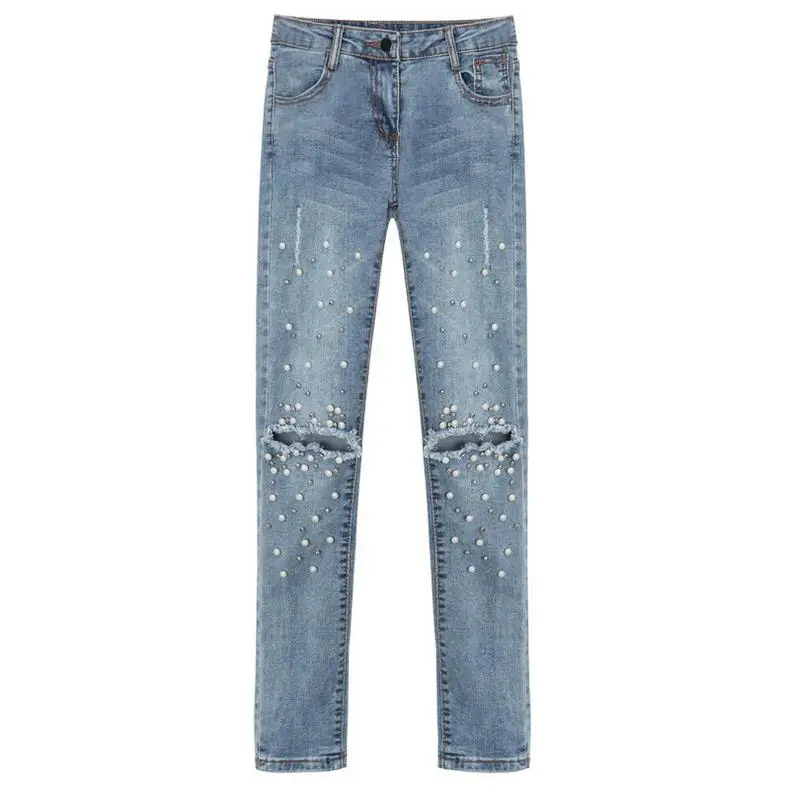 new fashion diamond bead jeans women skinny denim pencil pants hole