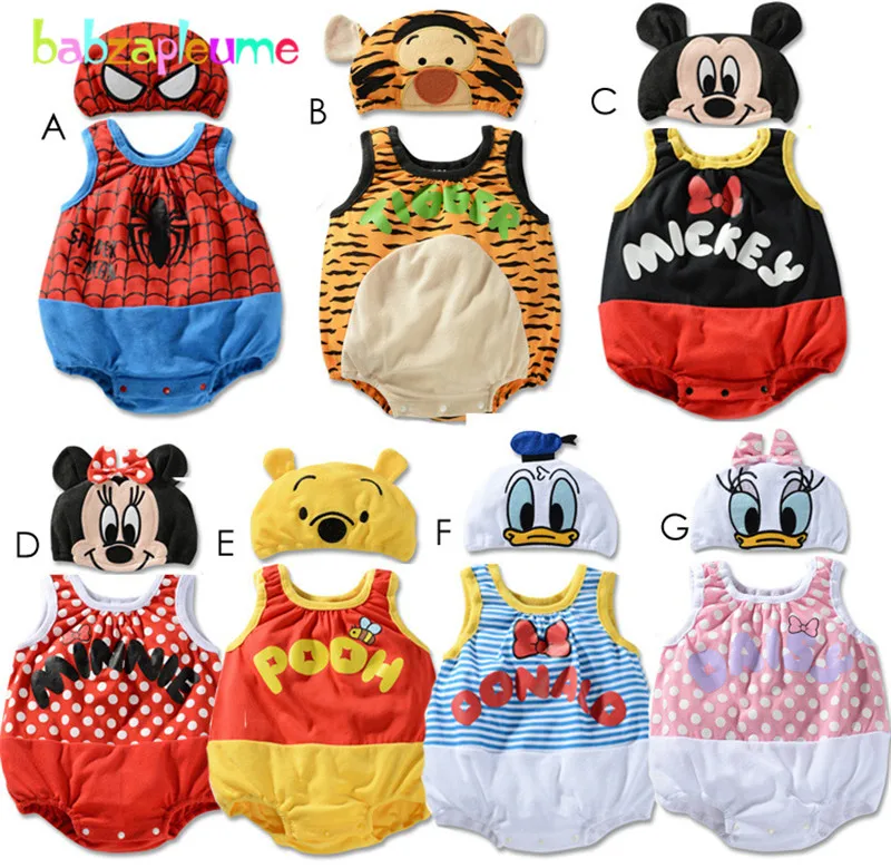 babzapleume Brand Baby Girls Rompers Cartoon Mouse Print font b Jumpsuit b font Hat Toddler Clothing