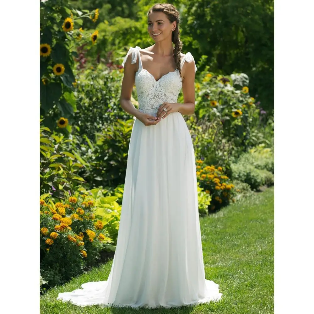 

New Arrival 2019 Cheap Wediding Dress Elegant Chiffon A Line Lace Top Spaghetti Straps Appliques Bridal Gown