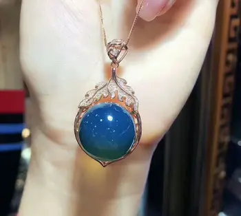 

MeiBaPJ Natural Blue Amber Gemstone Big Pendant Necklace with Certificate 925 Pure Silver Stone Fine Charm Jewelry for Women