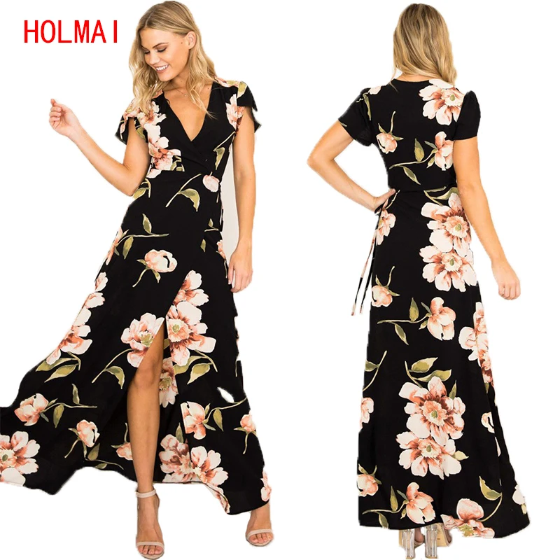 Holmai новые женские с цветочным принтом длинное платье Сплит Sexy v образным вырезом