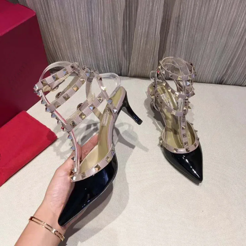 

Fashion brand real leather high heels sexy Woman rivets decoration stitching high-heeled shoes pointed shoes high-heeled shoes