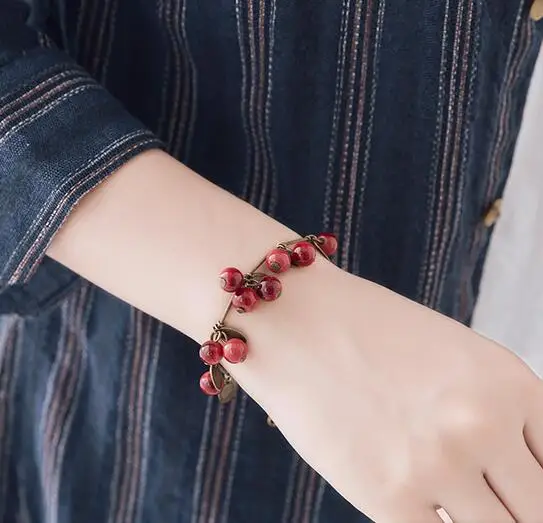 

retro bronze vintage red cherry bracelets for women fj121