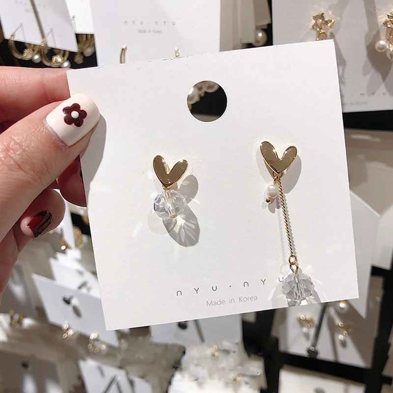 

MENGJIQIAO Korean New Style Metal Heart Crystal Asymmetric Long Drop Earrings For Women Fashion Pearl Temperament Oorbellen Gift
