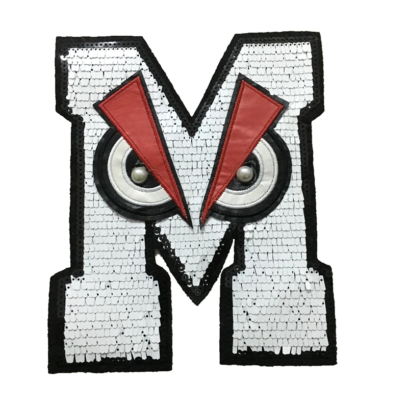 

New Arrival Sequins Eagle Eyes Letter M Iron on Patches for Clothes Big Motif Sequined Appliques Patch DIY Sewing Accessories