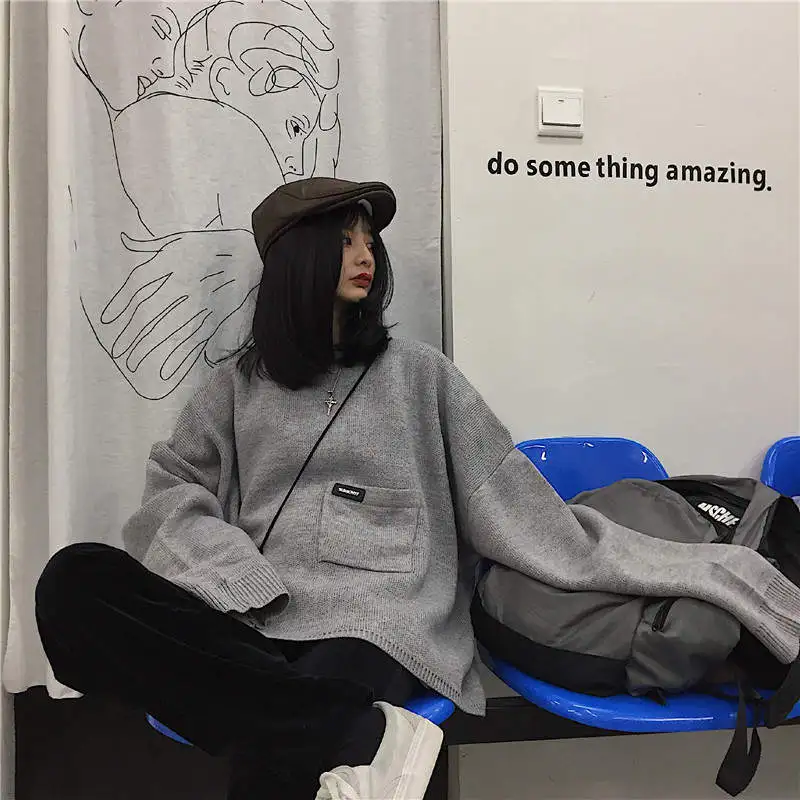 Neploe, дизайнерский свитер с карманами, пальто с длинным рукавом, вязаный пуловер, новинка, женская и мужская одежда, корейский джемпер большого размера, топы 37773 - Цвет: gray