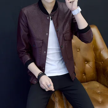 

2019 youth cultivate one's morality more new men jacket collar PU leather jacket