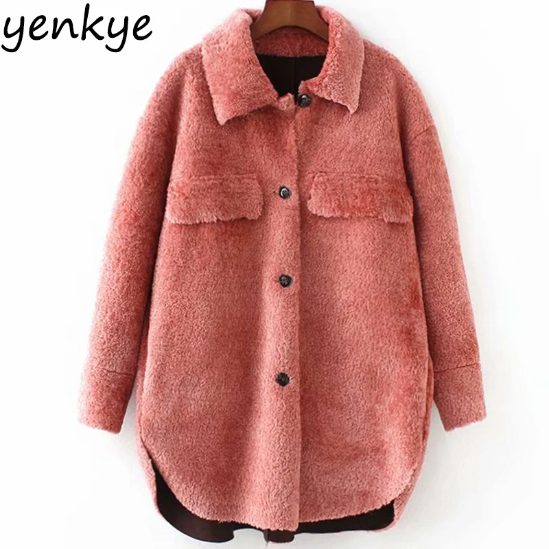 Women Artificial Fleece Overshirt Jacket Female Turn down Collar Long