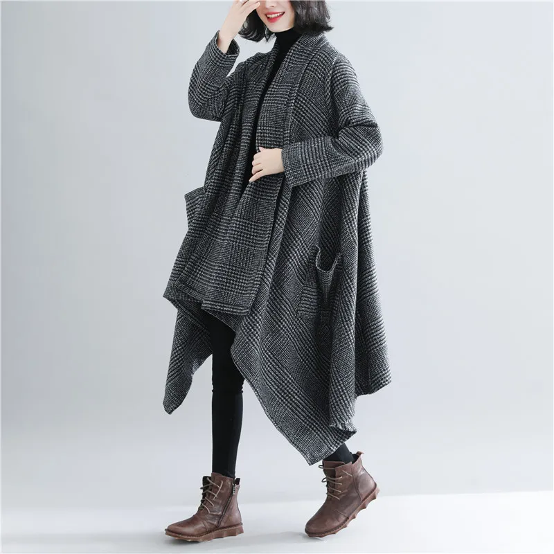 Correspondant Asymétrie Plaid 2019 Couleur Col Taille Femme Décontracté Écharpe À Black Manteau Irrégulière Grande Manteaux Long Getsring Nouveau q46zXtX