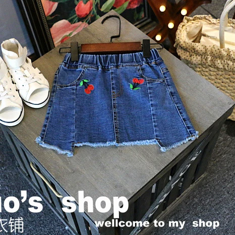 Мода модель Cherry denim девушки юбки лето 2017 детей tassle джинсы pettiskirt для тюль юбка юп
