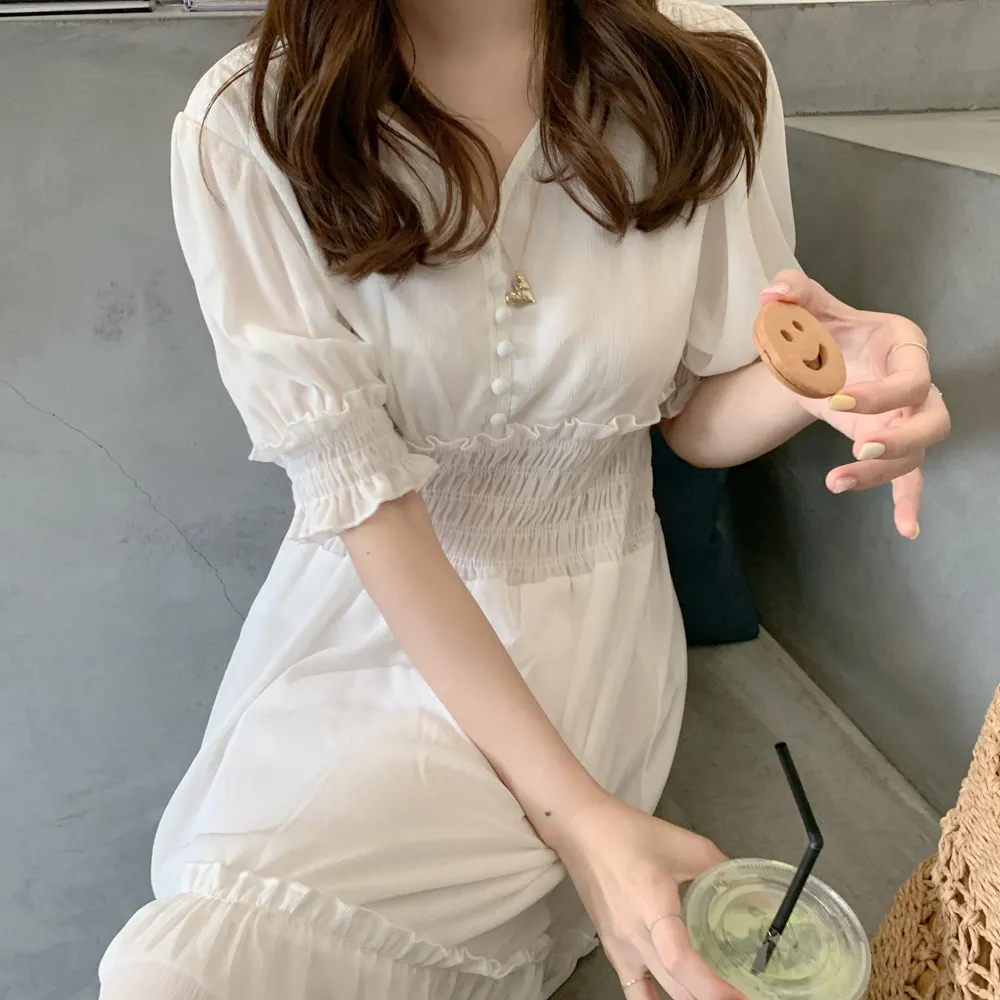 

elastic waist Plus size Summer Dress Girls Boho Party Female Vintage Dress chiffon Short Sleeve Women Dresses white Long Robe Ve