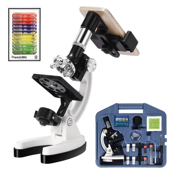 

100X-1200X Kids Beginner Biological Microscope metal body with phone holder adapter Plastic Slides and Carrying Box