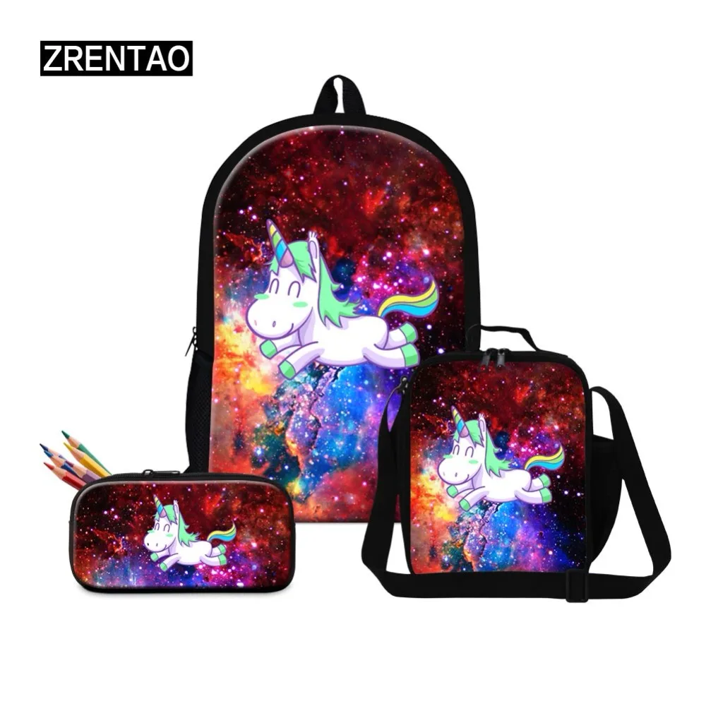 ZRENTAO Новая мода мультфильм Единорог mochilas 3 шт \ набор рюкзак пенал сумки обед охладитель Детская школьная книга сумки унисекс rugzak