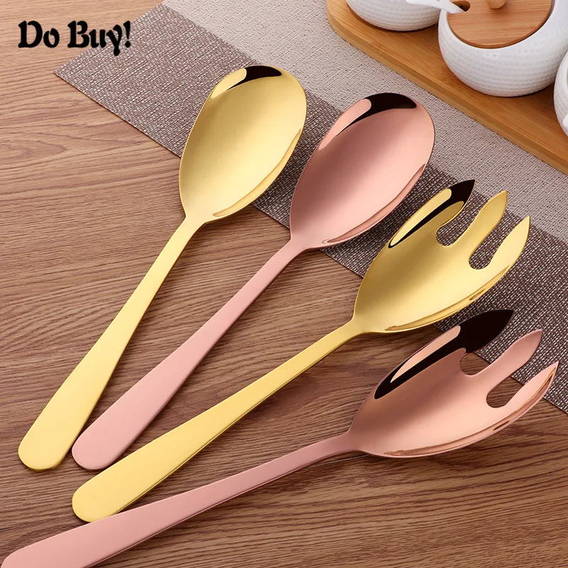 

1PC Large Salad Serving Spoon or Gold Metal Fork Kitchen 304 Stainless Steel Fruit Pick Tool Cutlery Set Steel Utensils