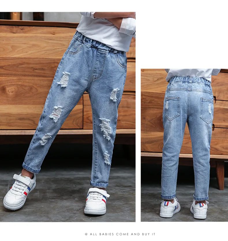 Calças de Brim Menina Meninos Rasgado Calça Jeans Outono Crianças Buracos Crianças Grandes Calças Jeans da Moda Meninos Roupas 4 13 Anos 8 Menina meninos jeans rasgado outono crianças calças
