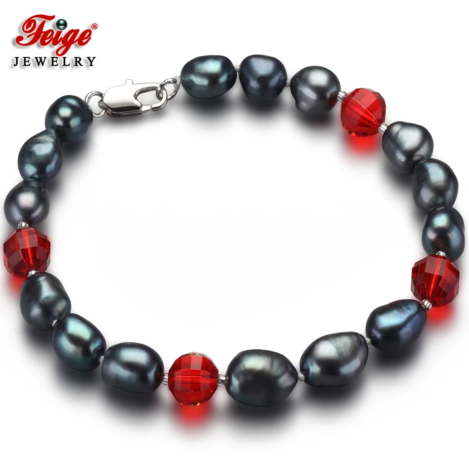 

2017 New special offer Baroque 7-8MM Black Freshwater Pearl Strand Bracelets for Women Red Crystal Pearl Fine Jewelry Pulseras