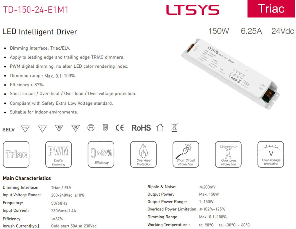 LTECH TD 150 24 E1M1 выход Вт 24В постоянного напряжения CV Triac регулируемый светодиодный
