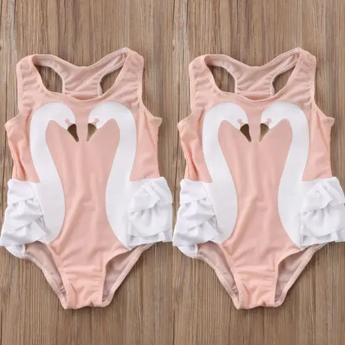 Sweet Newborn Kids Baby Girls 3D Swan Print Bikini Swimsuit Swimwear