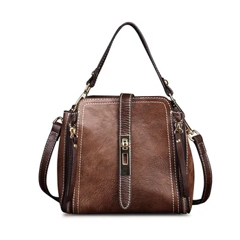 

Vintage Genuine Leather Luxury Bucket Handbags Women Messenger Bag Natural Cowskin Shoulder Bags Designer Female Pochette Tote