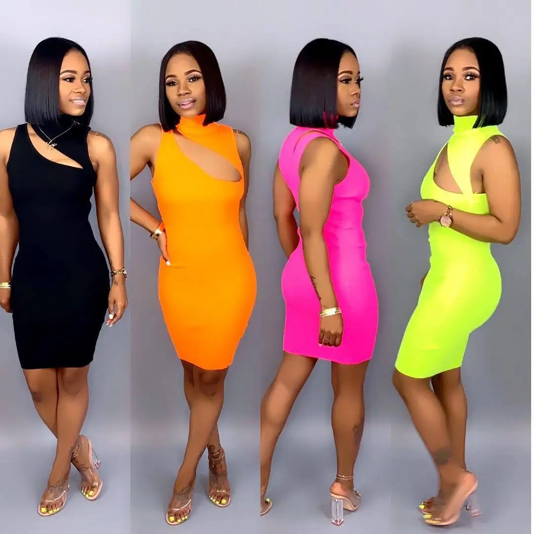 

Sexy Turtleneck Sleeveless Bodycon Dress Women Hollow Out Party Pencil Dress Slim Solid Mini Dresses