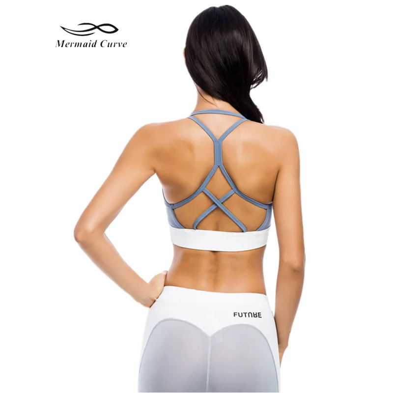 Kopen Mermaid Curve Vrouwen Patchwork Verwijderbare Padded Sportbeha fitness Sexy Back Hollow out Running Workout beha Yoga Push Ups beha