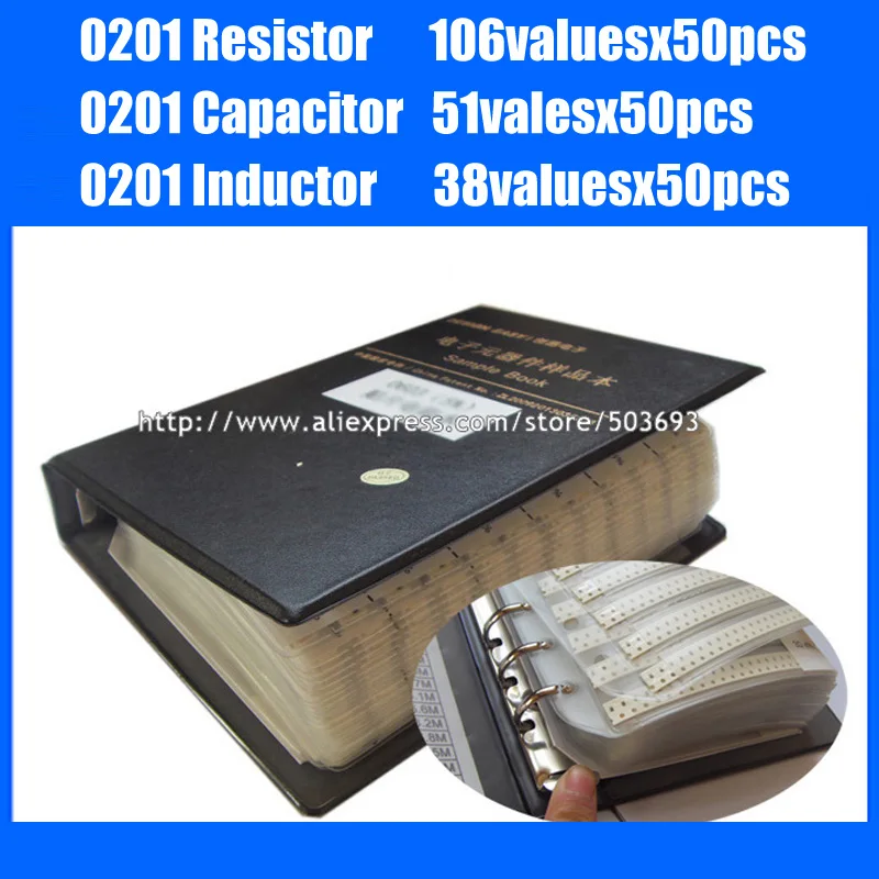

New 0201 SMD Resistor 5% 106valuesx50pcs + Capacitor 51valuesX50pcs + Inductor 38valuesx50pcs Sample Book