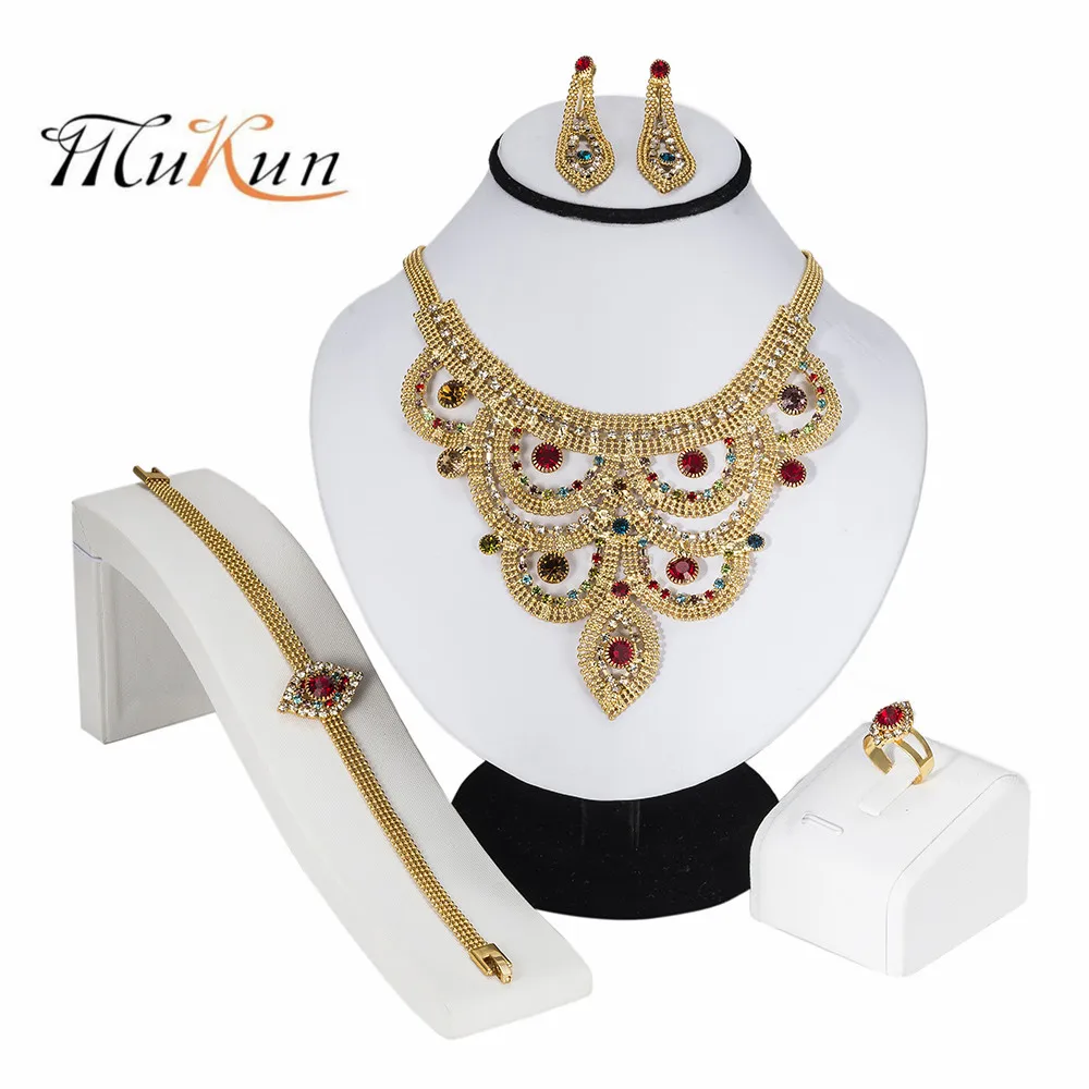 MUKUN, винтажный стиль, золотой, цветной кристалл из горного хрусталя, ожерелье, кольцо, браслет, серьги, ювелирный набор, аксессуары для костюмированной вечеринки