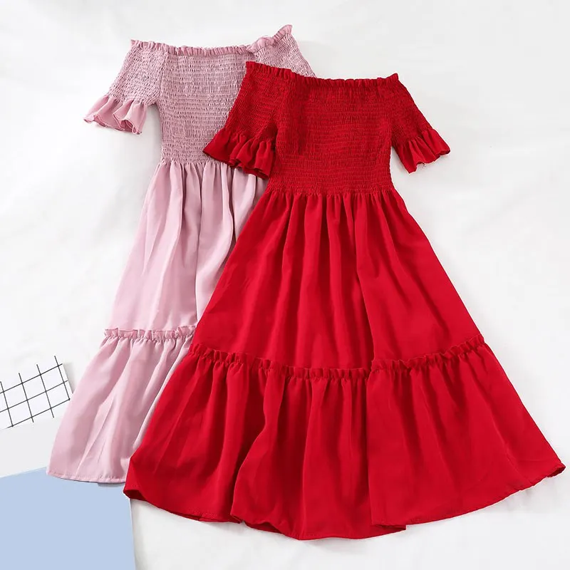 

Mferlier Ladies Chiffon Dress Slash Neck Short Flare Sleeve Elastic Waist Wood Ear Spliced Hem Women Elegant Off Shoulder Dress